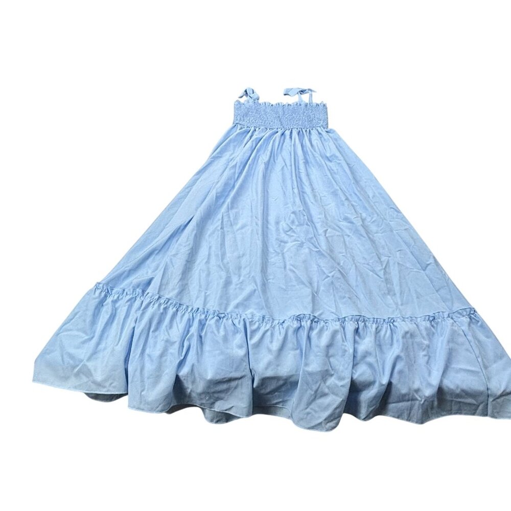Blue Smocked Maxi Dress With Ruffled Hem & Tie Straps - Picture 4 of 10